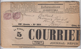 AIN JOURNAL VENDREDI 19 JUIN 1903 COURRIER DE L'AIN TARIF 4C TYPE BLANC N°108 X 2 OBLIT T84 ST JULIEN DE REYSSOUZE - Zeitungsmarken (Streifbänder)