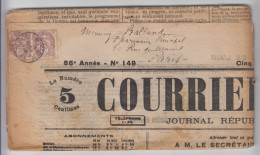 AIN JOURNAL MERCREDI 27 JUIN 1906 COURRIER DE L'AIN TARIF 4C TYPE BLANC N°108 X 2 OBLIT T84 ST JULIEN DE REYSSOUZE - Kranten