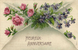 Carte Gaufrée HEUREUX  ANNIVERSAIRE Roses  Violettes  RV - Autres & Non Classés