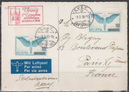 Suisse CPA De Winterthur Le 8 X 38  Poste Aérienne 10c Sur 65c X 2 " VEVEY 2ème Expo Philatélique Oct 1938 " Par AVION - Used Stamps