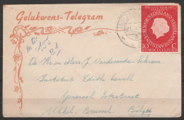 Pays-Bas - Env. Télégramme "Gelukwens-Telegram" Affr. 10c Càd HUIZEN (N.H)/21.1.1954 Pour UKKEL (Uccle) - Brieven En Documenten