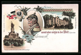 Lithographie Friedrichsruh, Schloss, Denkmal, Portrait Otto Von Bismarck  - Personaggi Storici