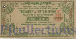 PHILIPPINES 20 CENTAVOS 1942 PICK S644 AVF W/HOLE EMERGENCY NOTE - Philippines