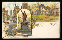 Lithographie Krefeld, Rheinstrasse, Rathaus, Wappen  - Krefeld