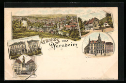 Lithographie Pforzheim, Kunstgewerbeschule, Rathaus, Kriegerdenkmal, Seehaus  - Pforzheim