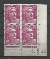 FRANCE ANNEE 1945/1947 N°724 BLOC DE 4 EX NEUFS** COINS DATES 6.6.45 MNH TB COTE 24,00 € - 1940-1949