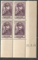 FRANCE ANNEE 1940 N°455 BLOC DE 4 EX COIN DATE22/3/40 NEUF** MNH TB COTE 50,00 €  - 1940-1949