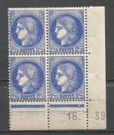 FRANCE ANNEE 1938/1941 N°374 BLOC DE 4EX NEUFS* MNH COIN DATE 16/1/39 TB COTE 70,00 €  - 1930-1939