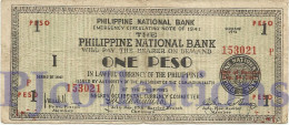 PHILIPPINES 1 PESO 1941 PICK S624b AVF EMERGENCY BANKNOTE - Filippine