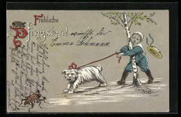 Lithographie Kleiner Spaziergänger Mit Hund Auf Maikäferjagd  - Insectos