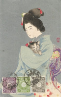 JAPAN - 4 SEN 3 STAMP THREE COLOUR FRANKING ON PC (GEISHA WITH CAT)  FROM OSAKA TO BELGIUM - 1909 - Covers & Documents