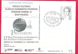 REPIQUAGE - PANTHEON 1999 - ANNULLO SPECIALE "PIACENZA CENTRO*30.1.1999*/STORIA POSTALE DEL PIACENTINO" - Postwaardestukken