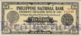 PHILIPPINES 10 PESOS 1941 PICK S217b AU/UNC EMERGENCY BANKNOTE - Filipinas