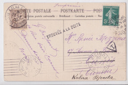 Armentières Carte Postale Timbre Semeuse Pour Kalla Djerda Taxe Régence De Tunis Tunisie Tampon Trouvé à La Boîte 1908 - Timbres-taxe