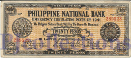 PHILIPPINES 20 PESOS 1941 PICK S218a AXF EMERGENCY BANKNOTE - Filippijnen