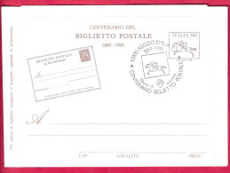 INTERO BIGLIETTO POSTALE "CENTENARIO " (INT. 62) CON ANNULLO F.D.C."REGGIO EMILIA*30.0.1989*/CENTENARIO BIGLIETTO POSTAL - Stamped Stationery