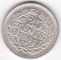 Pays Bas 25 Cents 1941 Wilhelmina, En Argent , KM# 164, SUP/XF - 25 Centavos