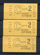 LOT 3 BILLETS DE METRO/BUS LES NUMEROS SE SUIVENT NEUFS - Europa