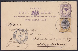 1896, LABUAN 49 Auf Antwortkarte 1 C. Violett + Beifrankatur Nach STRASSBURG - Ungebraucht