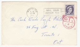 Mail Your INCOME TAX RETURN Now 1960 Cover SLOGAN Winnipeg CANADA Toronto  T 2c UNDERPAID Stamps - Covers & Documents