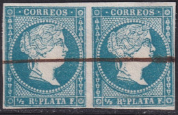 Cuba 1857 Sc 12 Antillas Ed 7 Pair Used Pen Cancel Large Diagonal Crease - Cuba (1874-1898)