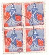 TIMBRES FRANCE VARIETE N° 1234 MARIANNE A LA NEF Bloc De 4 Oblitéré - 1959-1960 Marianne (am Bug)