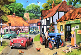Triumph TR2, Morris Minor, Bedford Coach And Fordson Tractor In Village Scene  -  Art Card -  CPM - PKW