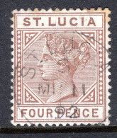 St Lucia 1883-86 QV - Wmk. Crown CA - Die I - 4d Brown Used (SG 34) - Ste Lucie (...-1978)