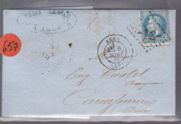 1   Timbre   N° 29  Napoléon III   20 C  Bleu    Lettre     1869  Destination   Carcassonne - 1863-1870 Napoléon III Lauré