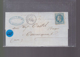 1   Timbre   N° 29  Napoléon III   20 C  Bleu    Lettre     1869  Destination   Carcassonne GC 3199 - 1863-1870 Napoléon III Lauré