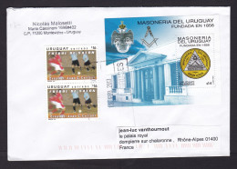 Uruguay: Cover To France, 2013, 3 Stamps, Souvenir Sheet, Freemasonry, Soccer, Football, Rare Real Use (traces Of Use) - Uruguay