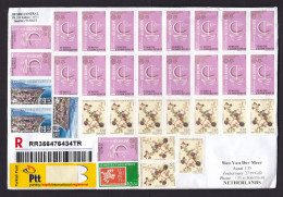 Turkey: Registered Cover To Netherlands, 33 Stamps, Inflation, CEPT, Berry, CN22 Customs Label, No Cancel (minor Damage) - Storia Postale