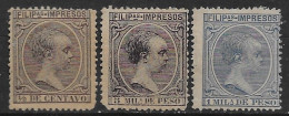 Spanish Colonies 1890-1896 Philippines King Alfonso XIII "Impresos" 3val Mi N.135,138,174 MH * - Philipines