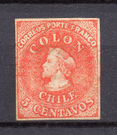 CHILE 1856 Nº YVERT 5C, CARMÍN - IMPR. SANTIAGO - FILIGRANA INVERTIDA - FIRMADO - Chile