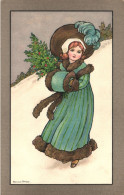ILLUSTRATION, WOMAN IN ELEGANT DRESS AND HAT IN WINTER, FLORENCE HARDY, SIGNED, POSTCARD - Hardy, Florence