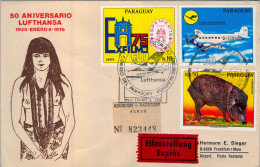 1976 PARAGUAY , LUFTHANSA , 50 ANIVERSARIO , SOBRE CONMEMORATIVO  , CIRCULADO , LLEGADA  AL DORSO - Paraguay