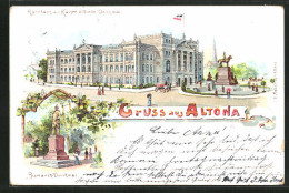 Lithographie Hamburg-Altona, Rathaus Mit Kaiser Wilhelm-Denkmal, Bismarck-Denkmal  - Altona
