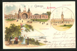 Lithographie Hamburg-Altona, Am Elbestrand, Hauptbahnhof, Kaiserl. Postamt  - Altona