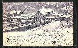 Mondschein-Lithographie Hamburg-Harburg, Verschneiter Bahnhof  - Harburg