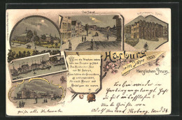 Mondschein-Lithographie Hamburg-Harburg, Schloss, Der Sand, Holtermanns Haus, Bahnhof  - Harburg