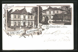 Lithographie Billwärder A.d. Elbe, Ortspartie Am Gasthaus J.W.v.Haves  - Bergedorf