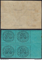 1867 Stato Pontificio, N° 16 5c. Azzurro Verdastro  MNH/** QUARTINA C. Bolaffi - Estados Pontificados