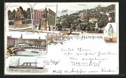 Lithographie Hamburg-Blankenese, Krieger-Denkmal, Helgoländer, Alsterarkaden  - Blankenese