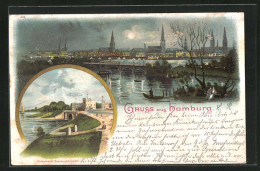 Mondschein-Lithographie Hamburg-Uhlenhorst, Blick Auf Die Feenteichbrücke Bei Nacht  - Noord