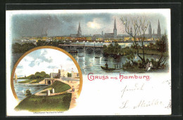 Mondschein-Lithographie Hamburg-Uhlenhorst, Feenteichbrücke Und Uferblick Bei Nacht  - Noord