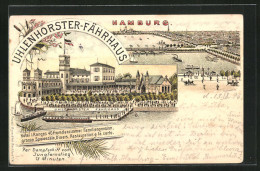 Lithographie Hamburg-Uhlenhorst, Gasthaus Uhlenhorster-Fährhaus, Alsterpartie  - Nord