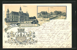 Lithographie Hamburg-Harburg, Bahnhof Und Rathhaus Mit Wappen  - Harburg