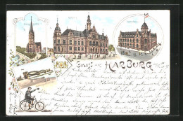 Lithographie Hamburg-Harburg, Elbbrücke, Postgebäude, Rathhaus, Evag. Kirche  - Harburg