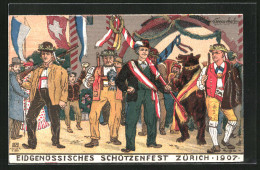 Künstler-AK Zürich, Eidgenössisches Schützenfest 1907, Schützen Mit Einem Bären  - Hunting