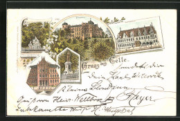 Lithographie Celle, Schloss, Karolinen-Mathilden-Denkmal, Rathhaus  - Celle